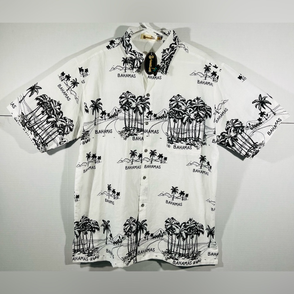 Shoreline Bahamas Hawaiian Palm tree Beach Men’s Button Up Short Sleeve Shirt 2X
